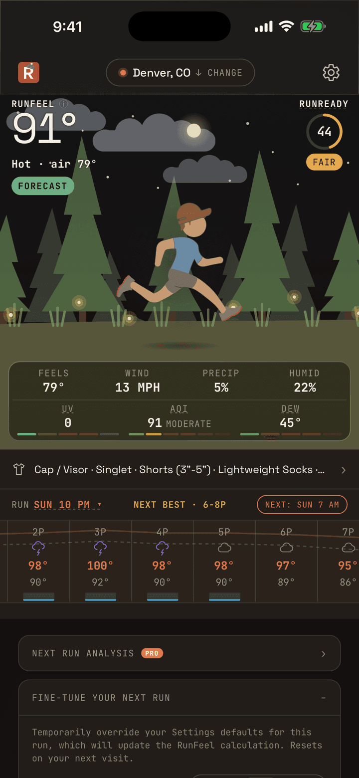 RunnersKit running recommendation in dark mode with the forest backdrop
