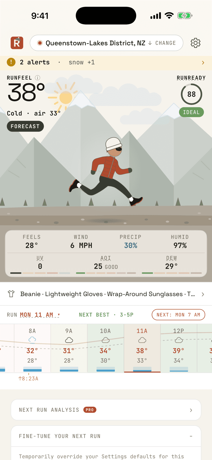 RunnersKit running recommendation in light mode with the mountains backdrop
